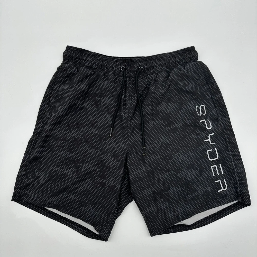 Spyder Swim Mens Small S Black Grey Dot Camo Board Shorts Trunks Zipper Pocket